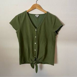 J Crew Green Cotton Blend Tie Button Front Top